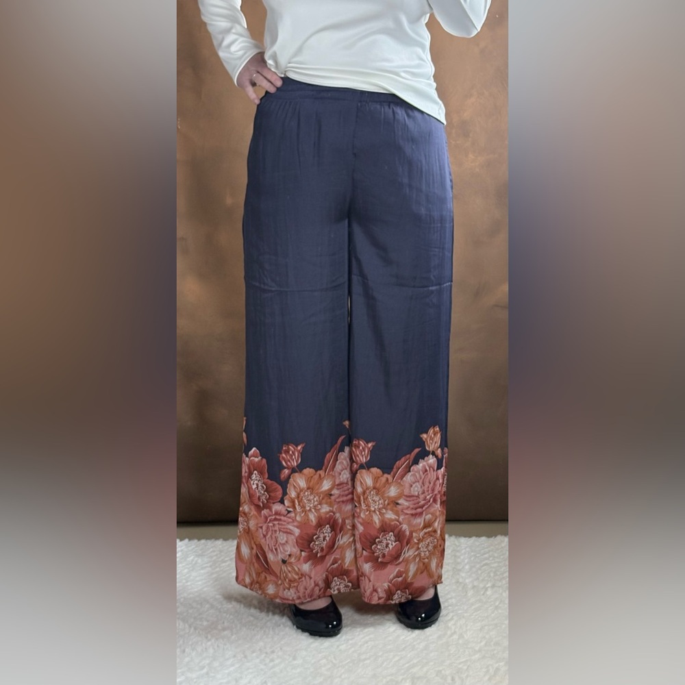 Elie Tahari Navy Wide-Leg Pants with Coral Floral Hem